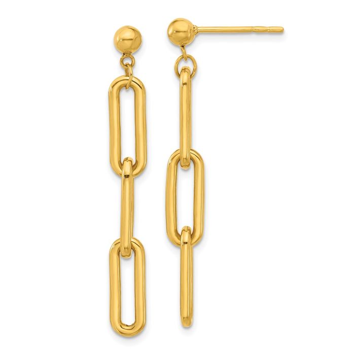 24K Solid Yellow Gold Paperclip Chain Link Back Post Drop Dangle Earrings