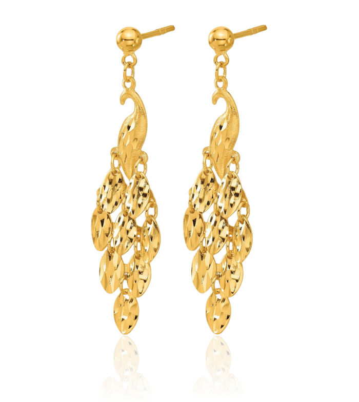 24K Solid Yellow Gold Peacock Back Post Drop Dangle Earrings