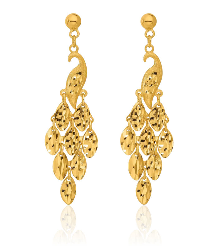 24K Solid Yellow Gold Peacock Back Post Drop Dangle Earrings