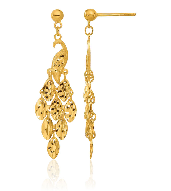 24K Solid Yellow Gold Peacock Back Post Drop Dangle Earrings