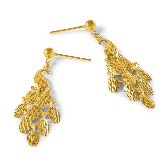 24K Solid Yellow Gold Peacock Back Post Drop Dangle Earrings