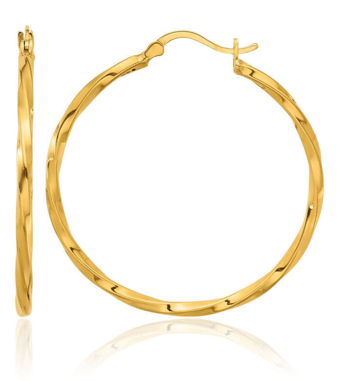 24K Solid Yellow Gold Twisted x 32.5mm Round Medium Hoop Earrings