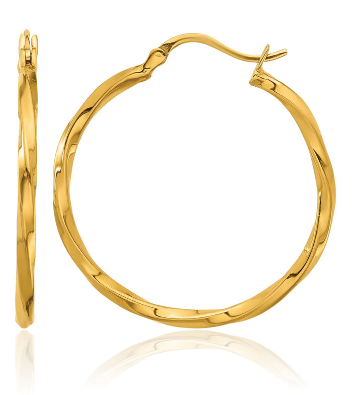 24K Solid Yellow Gold Twisted x 26.5mm Round Medium Hoop Earrings