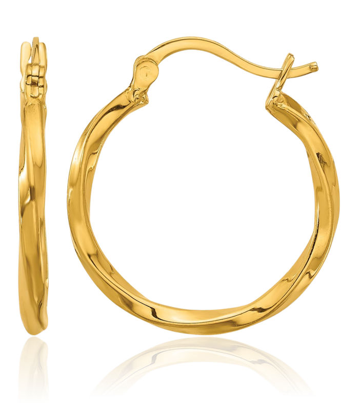 24K Solid Yellow Gold Twisted x 19mm Round Hoop Earrings