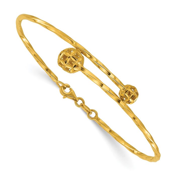 24K Solid Yellow Gold Twisted Flower Bypass Cuff Charm Bracelet