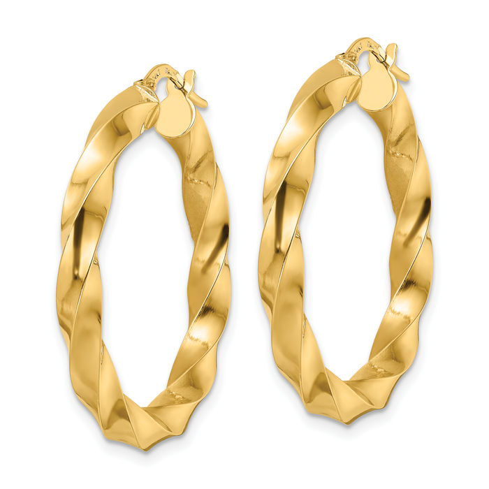 14K Solid Yellow Gold Twisted Round Medium Hoop Earrings