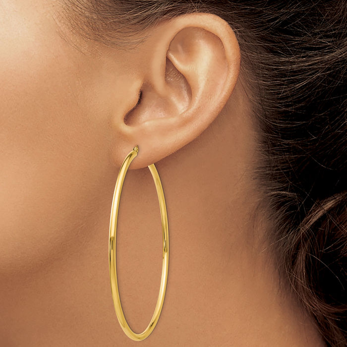 14K Solid Yellow Gold 2.25x70mm Round Tube Large Hoop Earrings