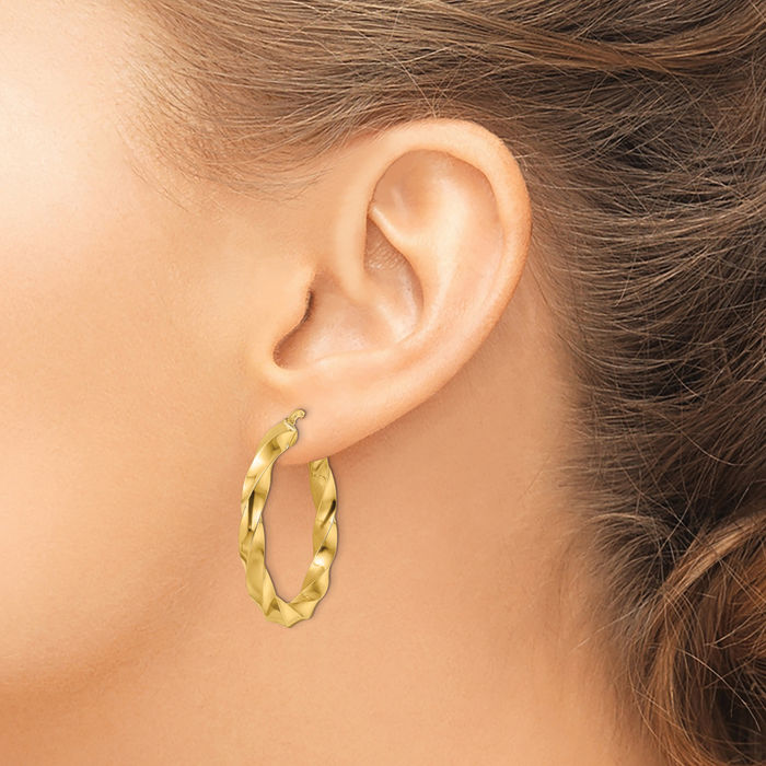 14K Solid Yellow Gold Twisted Round Medium Hoop Earrings