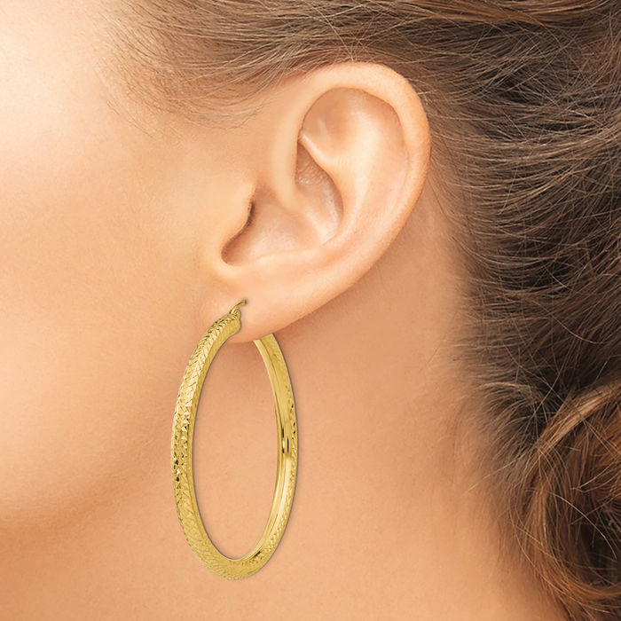 10K Solid Yellow Gold 4mm Round Large Hoop Earrings