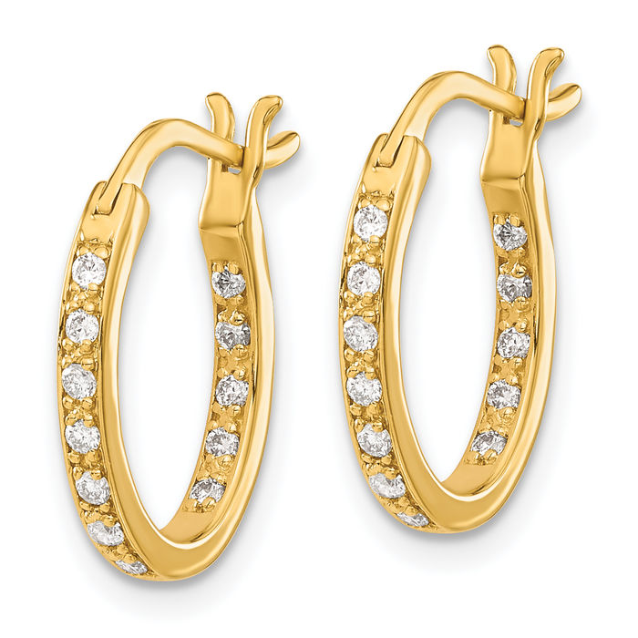 14K Solid Yellow Gold Diamond Oval Small Hoop Earrings