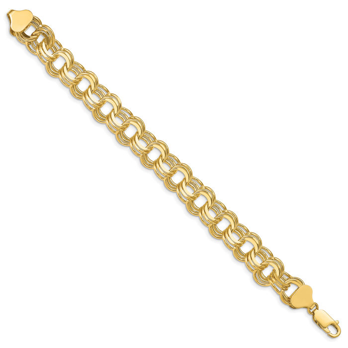 14K Solid Yellow Gold Triple Link Chain Charm Bracelet