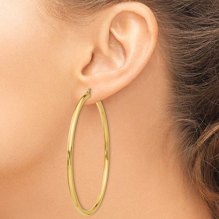 14K Solid Yellow Gold Round Tube Large Hoop Earrings