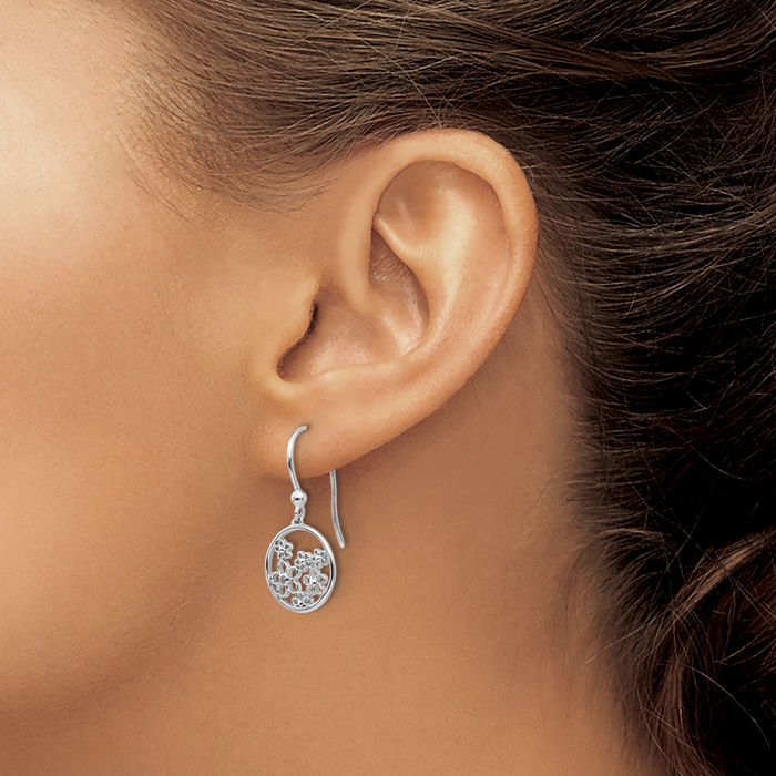 925 Sterling Silver Diamond Flower Drop Dangle Earrings