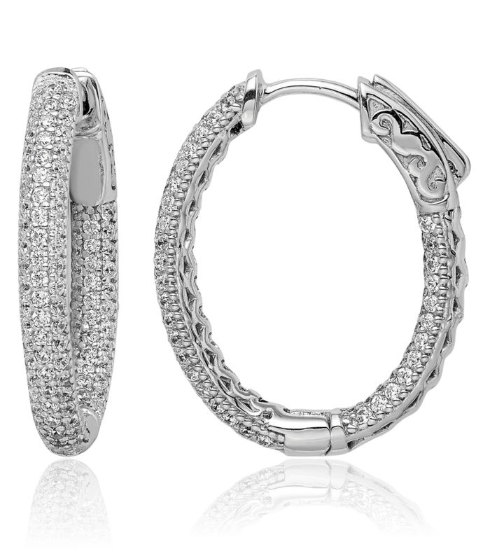 925 Sterling Silver 1.1mm Cubic Zirconia CZ Oval Medium Hoop Earrings