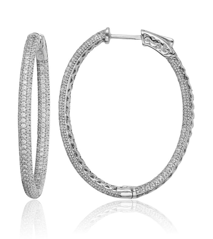 925 Sterling Silver 1.1mm Cubic Zirconia CZ Oval Medium Hoop Earrings