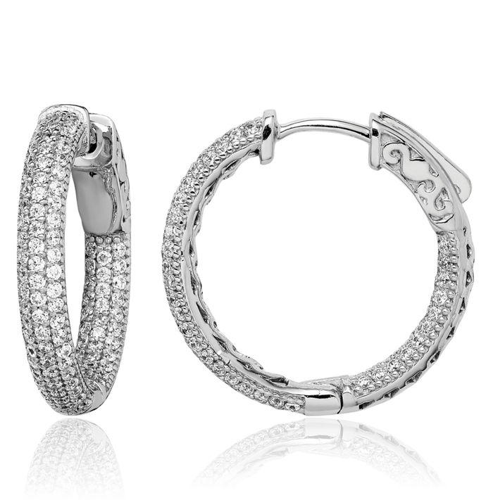925 Sterling Silver 1.1mm Cubic Zirconia CZ Round Medium Hoop Earrings