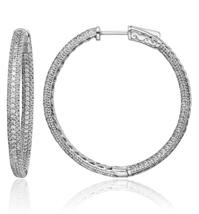 925 Sterling Silver 1.1mm Cubic Zirconia CZ Round Medium Hoop Earrings