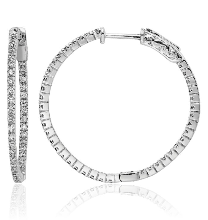 925 Sterling Silver 1.25mm Cubic Zirconia CZ Round Medium Hoop Earrings