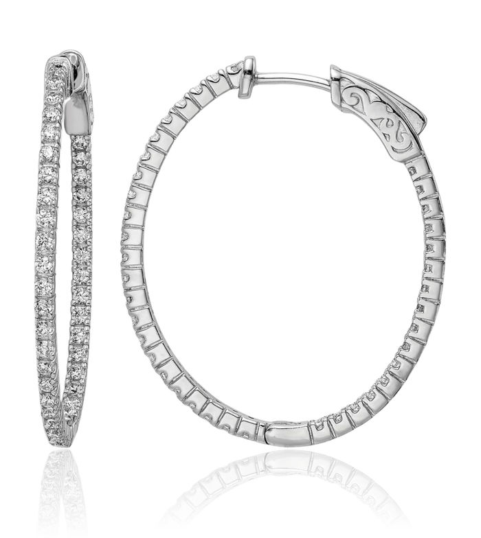 925 Sterling Silver 1.3mm Cubic Zirconia CZ Oval Medium Hoop Earrings