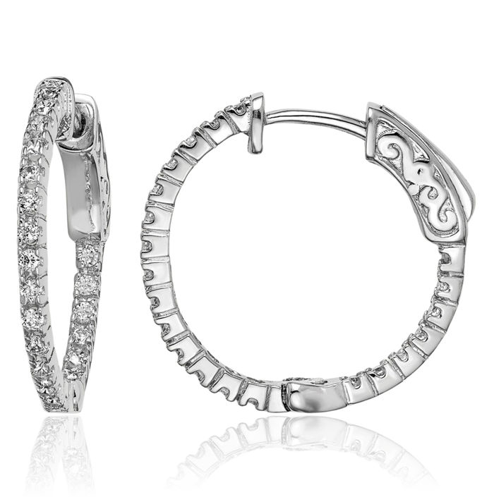 925 Sterling Silver 1.3mm Cubic Zirconia CZ Round Medium Hoop Earrings