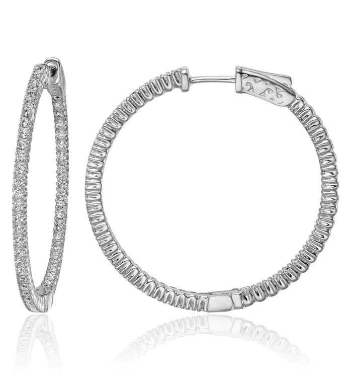925 Sterling Silver 1.3mm Cubic Zirconia CZ Round Medium Hoop Earrings