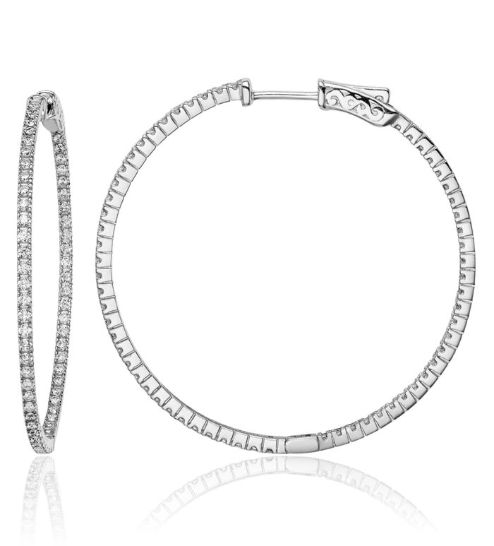 925 Sterling Silver 1.3mm Cubic Zirconia CZ Round Medium Hoop Earrings