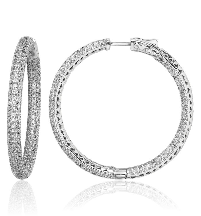 925 Sterling Silver 1.5mm Cubic Zirconia CZ Round Large Hoop Earrings