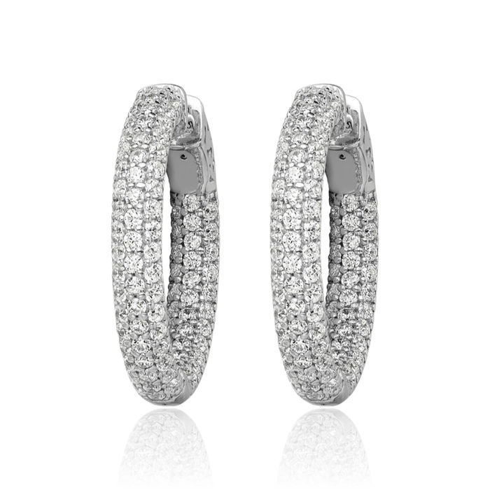 925 Sterling Silver 1.5mm Cubic Zirconia CZ Round Medium Hoop Earrings