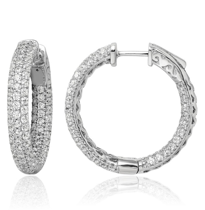 925 Sterling Silver 1.5mm Cubic Zirconia CZ Round Medium Hoop Earrings