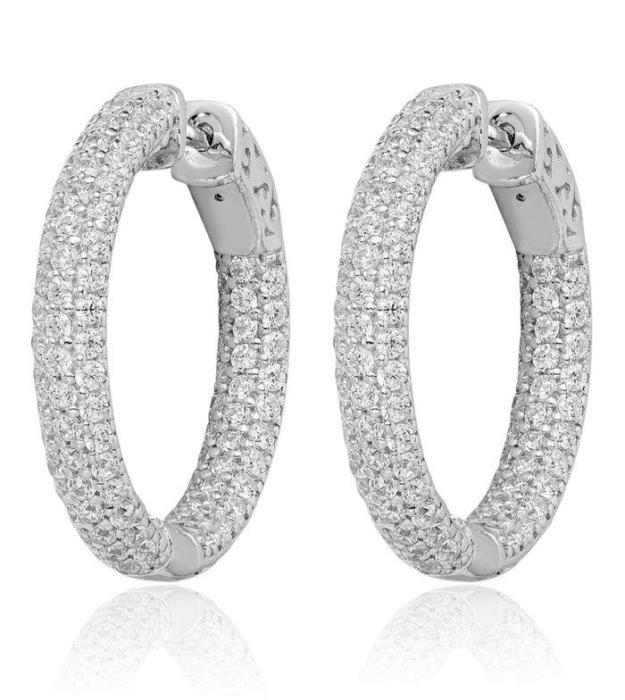 925 Sterling Silver 1.5mm Cubic Zirconia CZ Round Medium Hoop Earrings