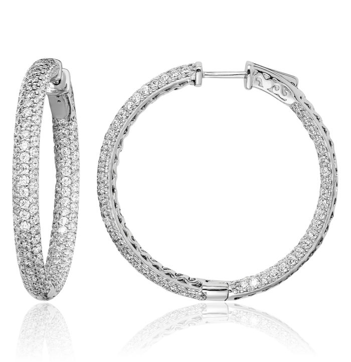 925 Sterling Silver 1.5mm Cubic Zirconia CZ Round Medium Hoop Earrings