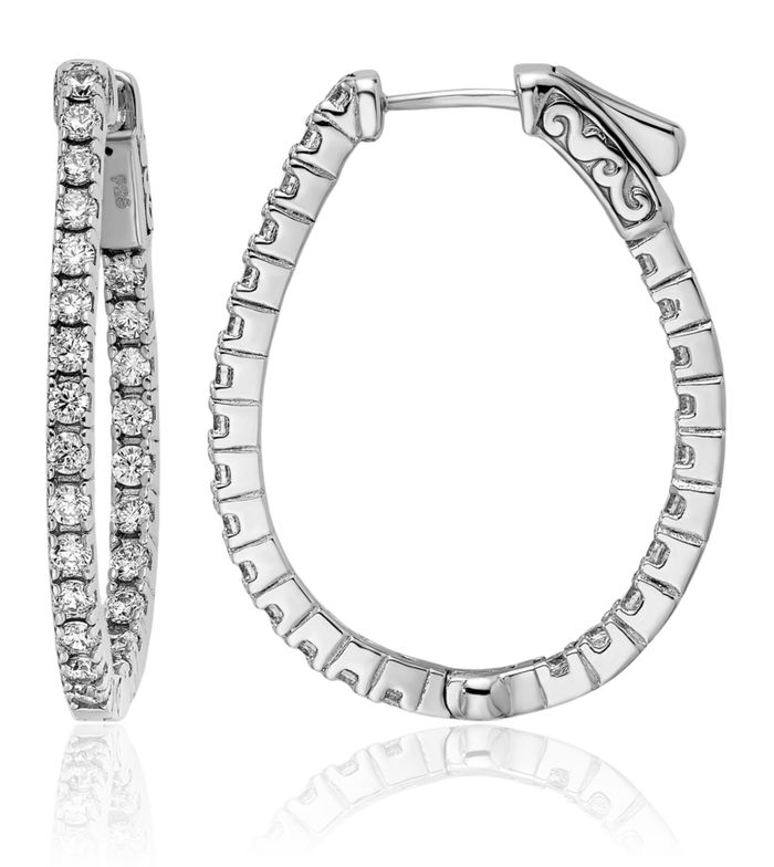 925 Sterling Silver 1.75mm Cubic Zirconia CZ Oval Medium Hoop Earrings