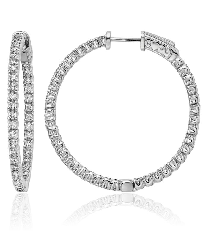 925 Sterling Silver 1.75mm Cubic Zirconia CZ Round Medium Hoop Earrings