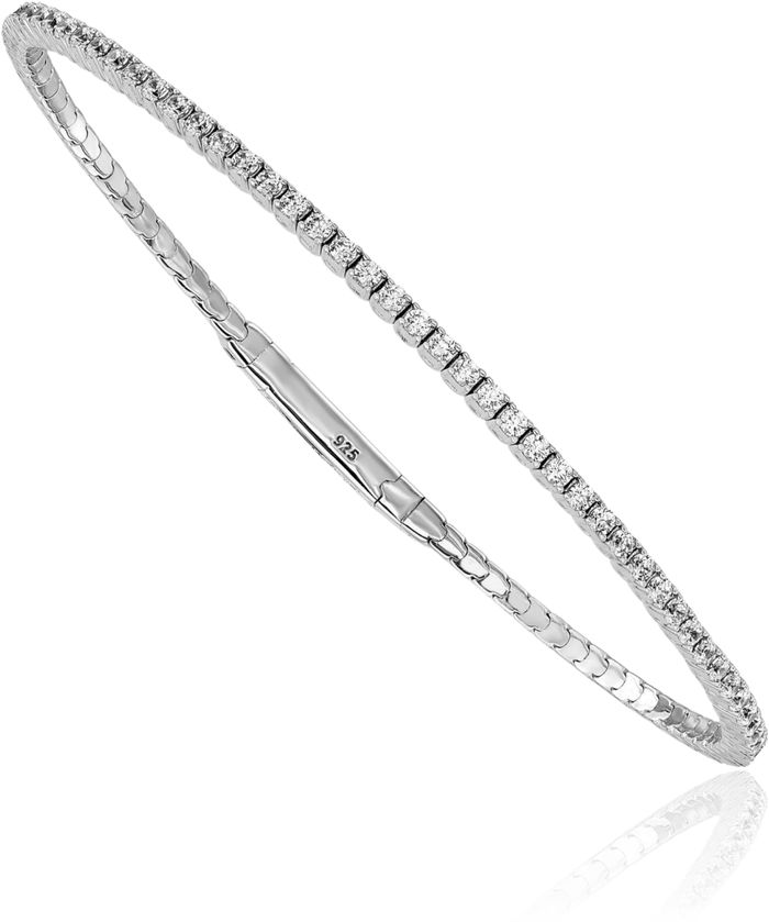 925 Sterling Silver 1.7mm Cubic Zirconia CZ Flexible Bangle Bracelet