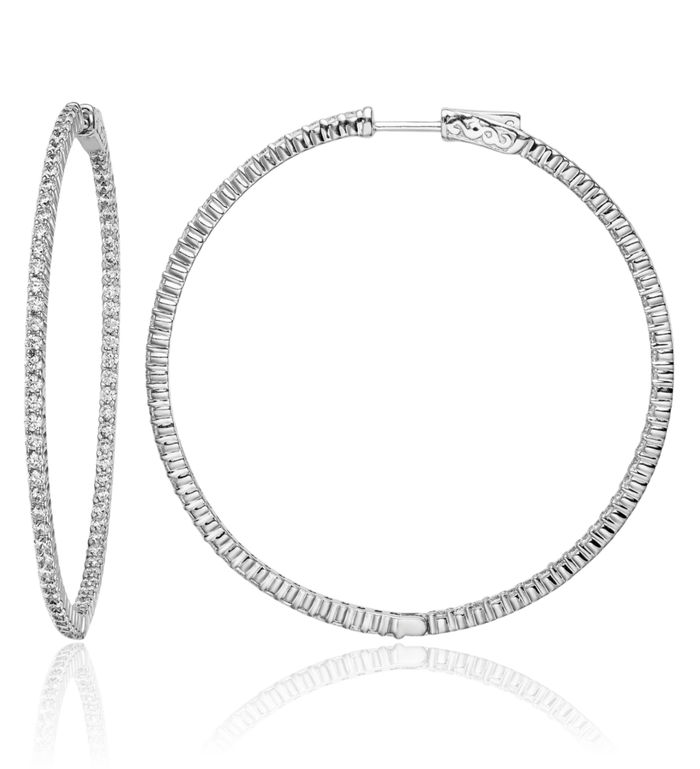 925 Sterling Silver 1.7mm Cubic Zirconia CZ Round Large Hoop Earrings