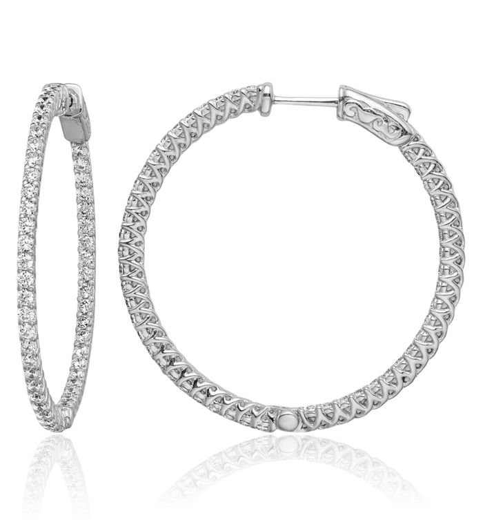 925 Sterling Silver 1.7mm Cubic Zirconia CZ Round Medium Hoop Earrings