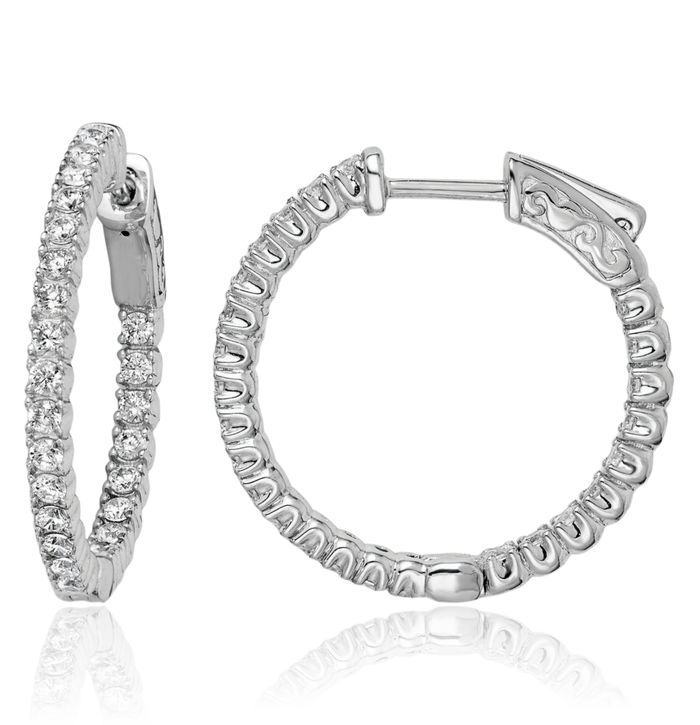 925 Sterling Silver 1.7mm Cubic Zirconia CZ Round Medium Hoop Earrings