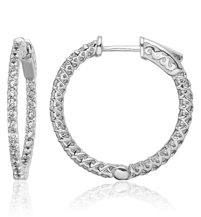 925 Sterling Silver 1.7mm Cubic Zirconia CZ Round Medium Hoop Earrings