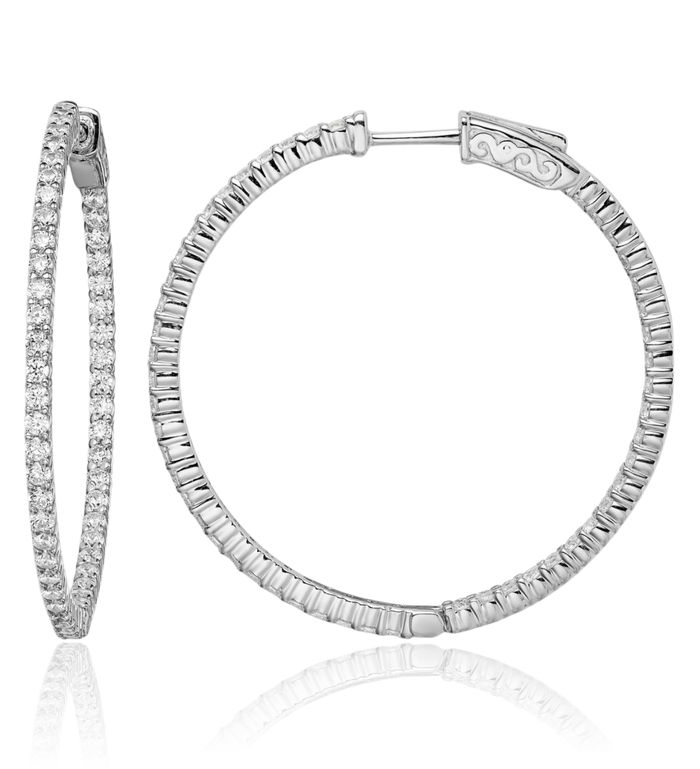 925 Sterling Silver 1.7mm Cubic Zirconia CZ Round Medium Hoop Earrings