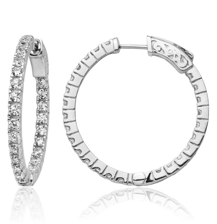 925 Sterling Silver 1.9mm Cubic Zirconia CZ Round Medium Hoop Earrings