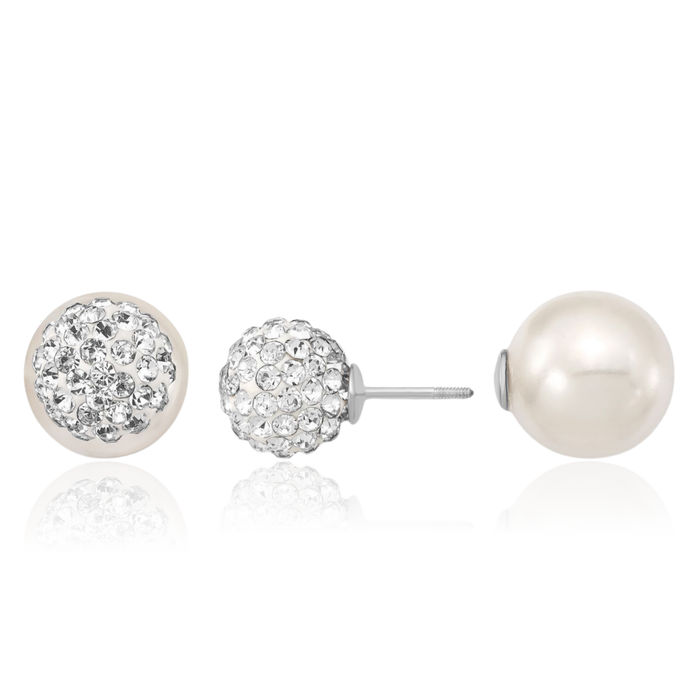 925 Sterling Silver 10mm 12mm Cubic Zirconia CZ White Shell Pearl Stud Earrings