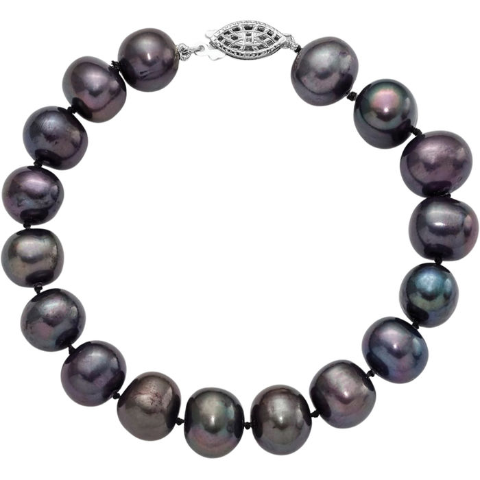 925 Sterling Silver 10mm Black Near Round Freshwater Cultured Pearl Chain Bracelet