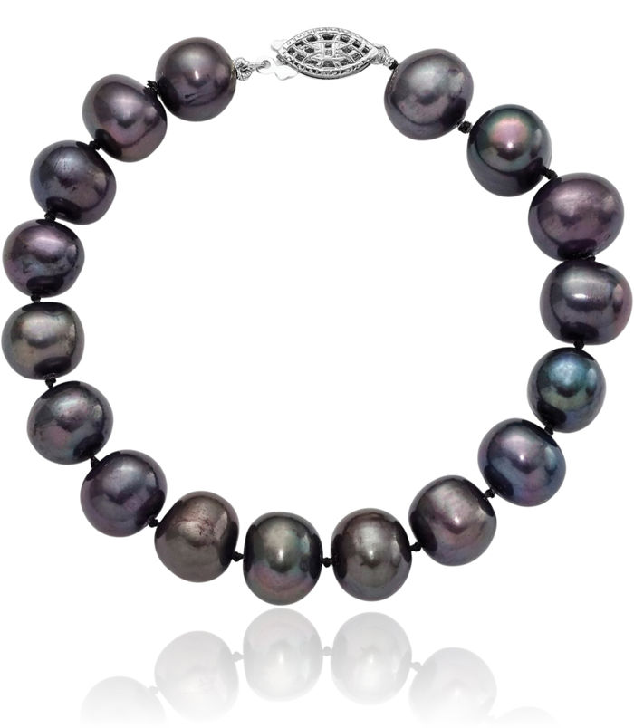 925 Sterling Silver 10mm Black Near Round Freshwater Cultured Pearl Chain Bracelet
