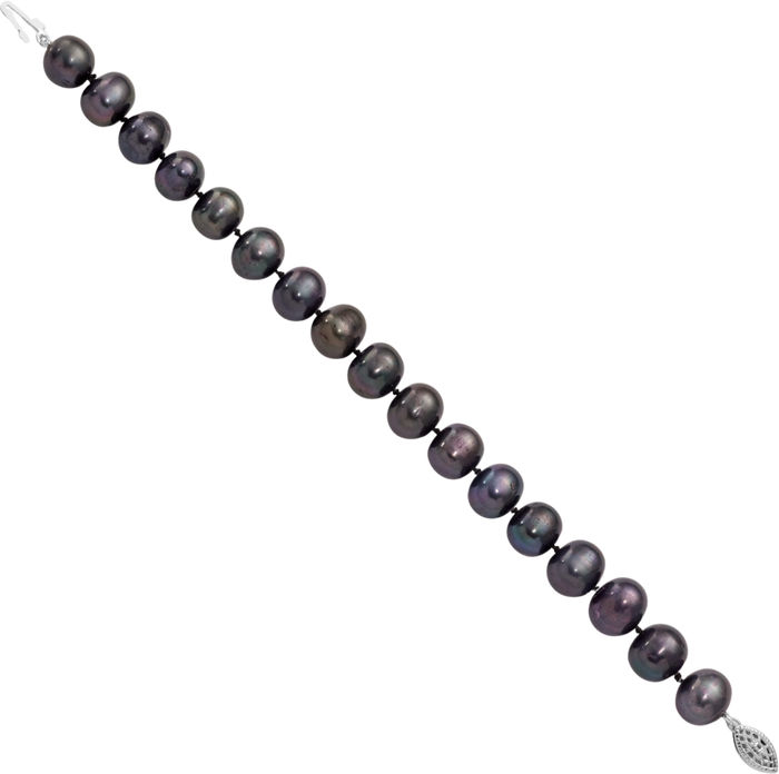 925 Sterling Silver 10mm Black Near Round Freshwater Cultured Pearl Chain Bracelet