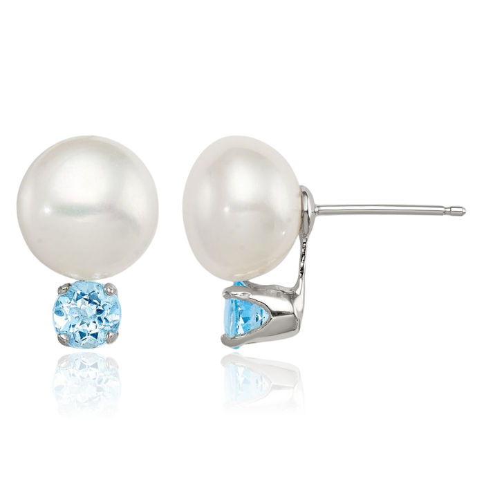 925 Sterling Silver 10mm Freshwater Cultured Button Pearl Sky Blue Topaz Stud Earrings