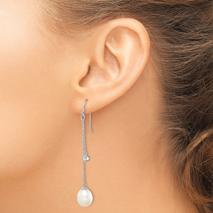 925 Sterling Silver 9mm White Teardrop Freshwater Cultured Pearl Cubic Zirconia CZ Drop Dangle Earrings