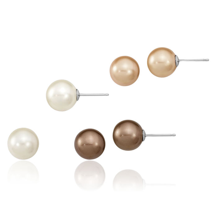 925 Sterling Silver 10mm Wht/chpg/brown Shell Pearl Stud Earrings Set