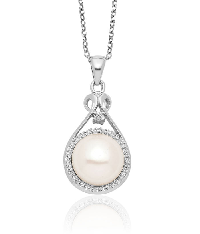 925 Sterling Silver 10mm White Button Freshwater Cultured Pearl Cubic Zirconia CZ Necklace Chain