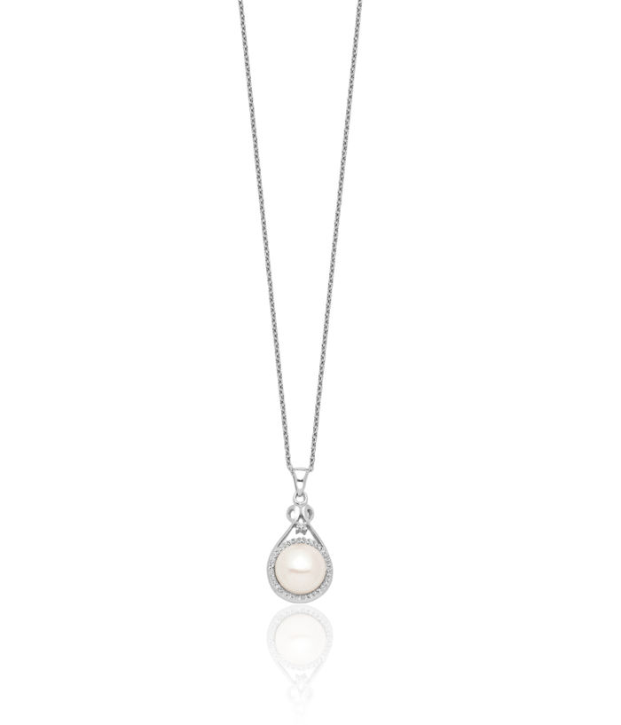 925 Sterling Silver 10mm White Button Freshwater Cultured Pearl Cubic Zirconia CZ Necklace Chain