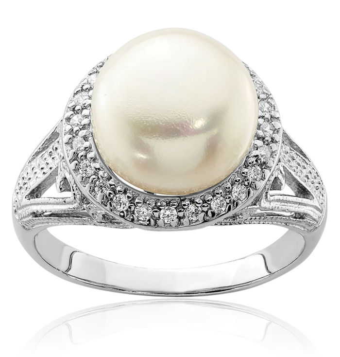 925 Sterling Silver 10mm White Button Freshwater Cultured Pearl Cubic Zirconia CZ Ring